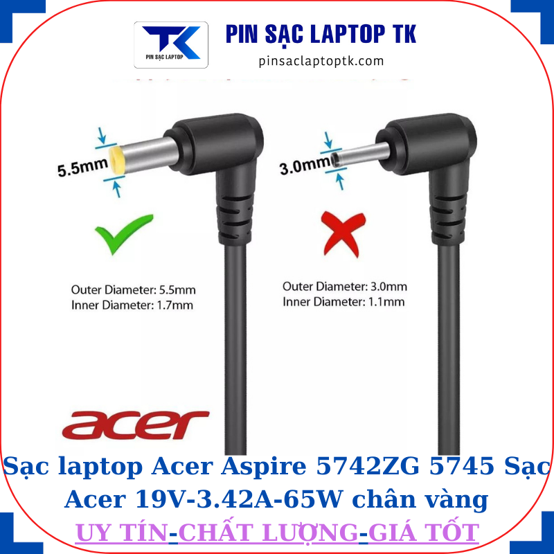 Sạc laptop Acer Aspire 5742ZG 5745 Sạc Acer 19V-3.42A-65W chân vàng 5.5mm*1.7mm