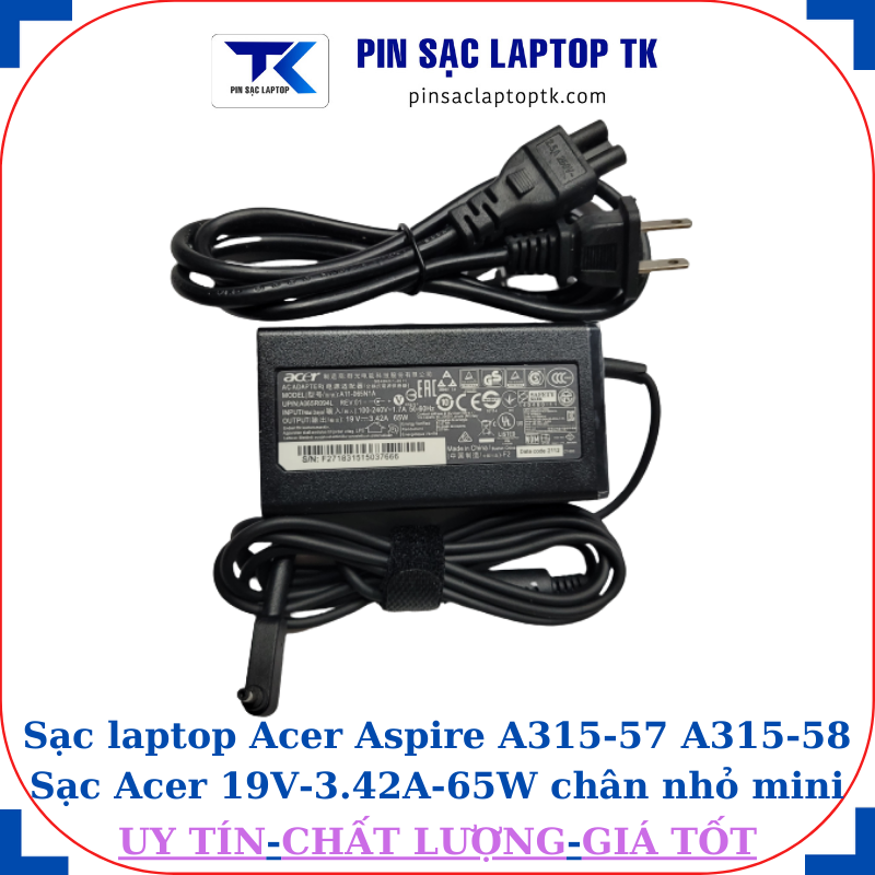 Sạc Acer Aspire A315-57 A315-58 Sạc Acer 19V-3.42A-65W củ sạc+ dây nguồn