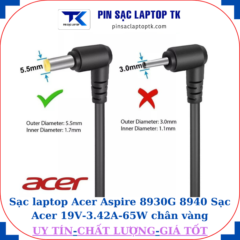 Sạc laptop Acer Aspire 8930G 8940 Sạc Acer 19V-3.42A-65W chân vàng 5.5mm*1.7mm