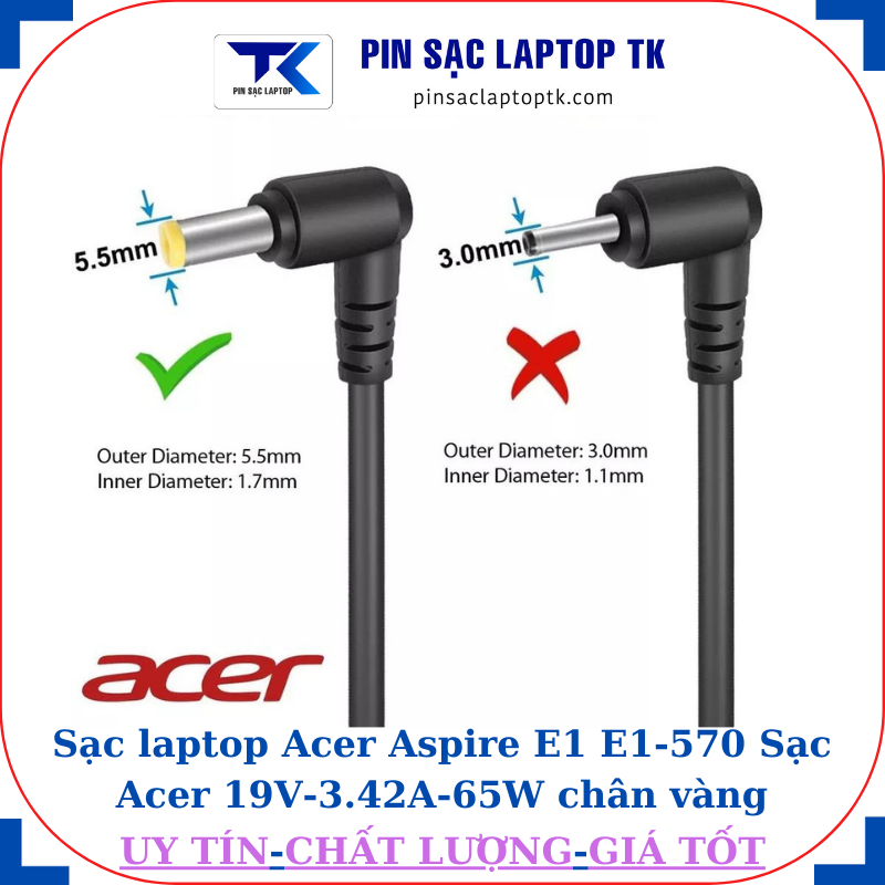 Sạc laptop Acer Aspire E1 E1-570 Sạc Acer 19V-3.42A-65W chân vàng 5.5mm*1.7mm