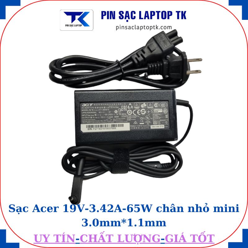 Sạc Acer 19V-3.42A-65W chân nhỏ, củ sạc+ dây nguồn