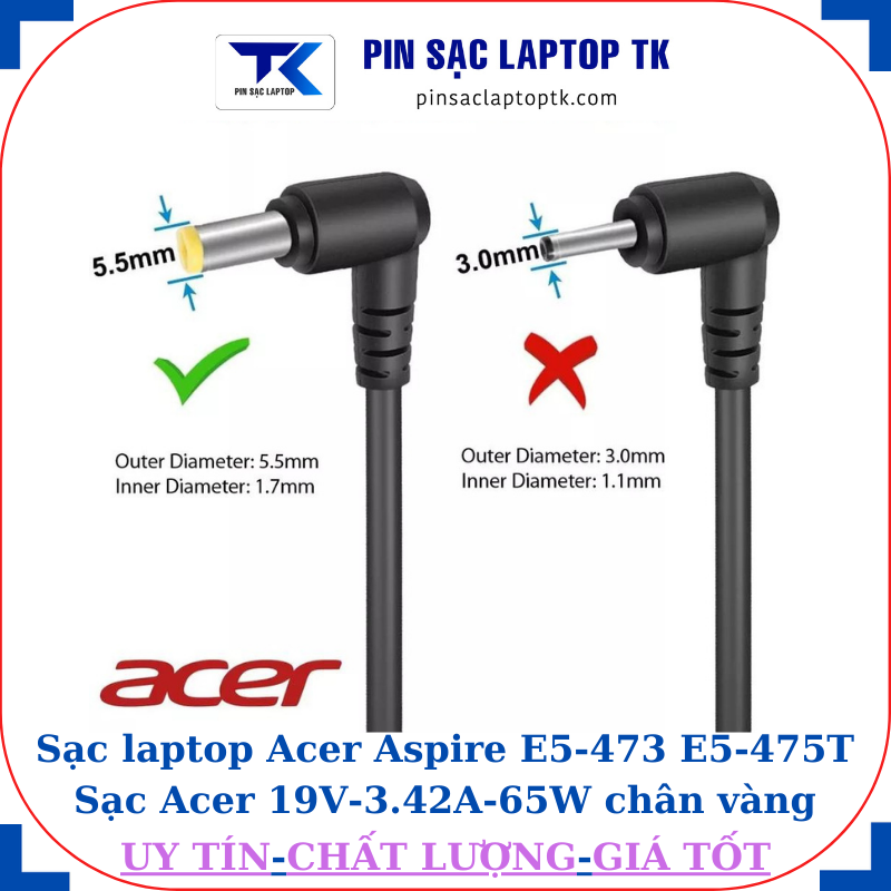 Sạc laptop Acer Aspire E5-473 E5-475T Sạc Acer 19V-3.42A-65W chân vàng 5.5mm*1.7mm