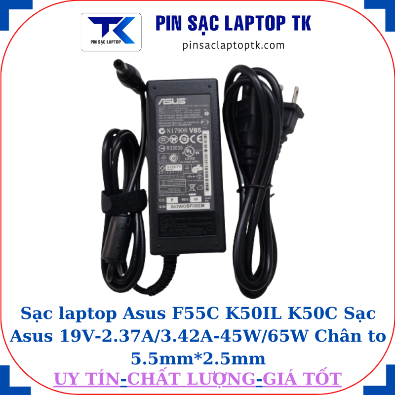 Sạc Asus F55C K50IL K50C Sạc Asus 19V-2.37A/3.42A-45W/65W Chân to 5.5mm*2.5mm, 65W chữ nhật