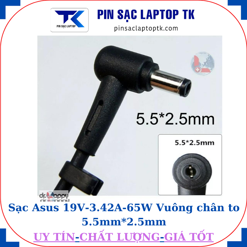 Sạc Asus 19V-3.42A-65W Vuông chân to 5.5mm*2.5mm