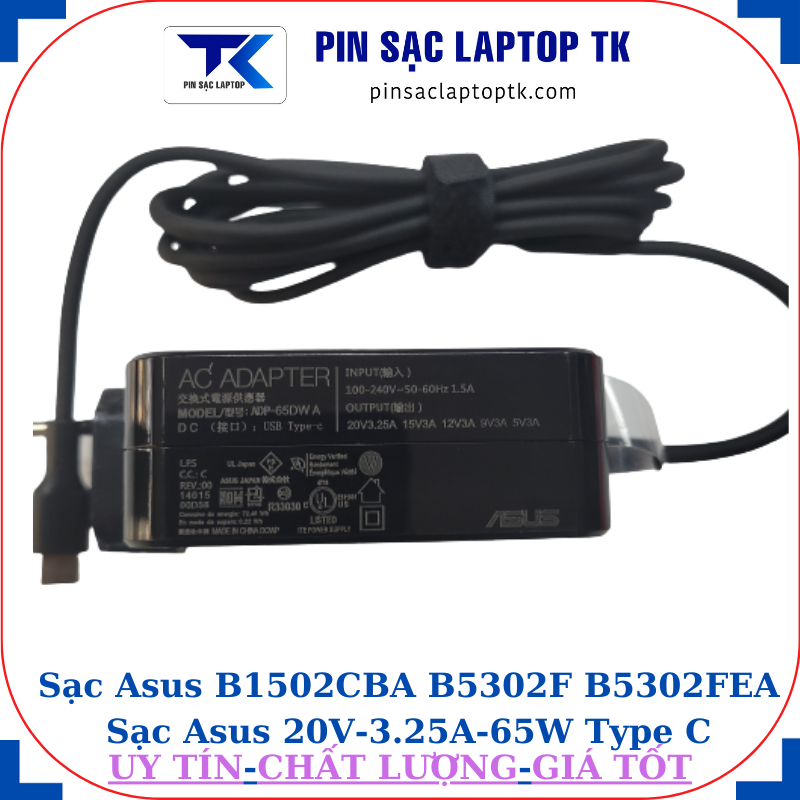 Sạc Asus B1502CBA B5302F B5302FEA Sạc Asus 20V-3.25A-65W Type C, thông số sạc