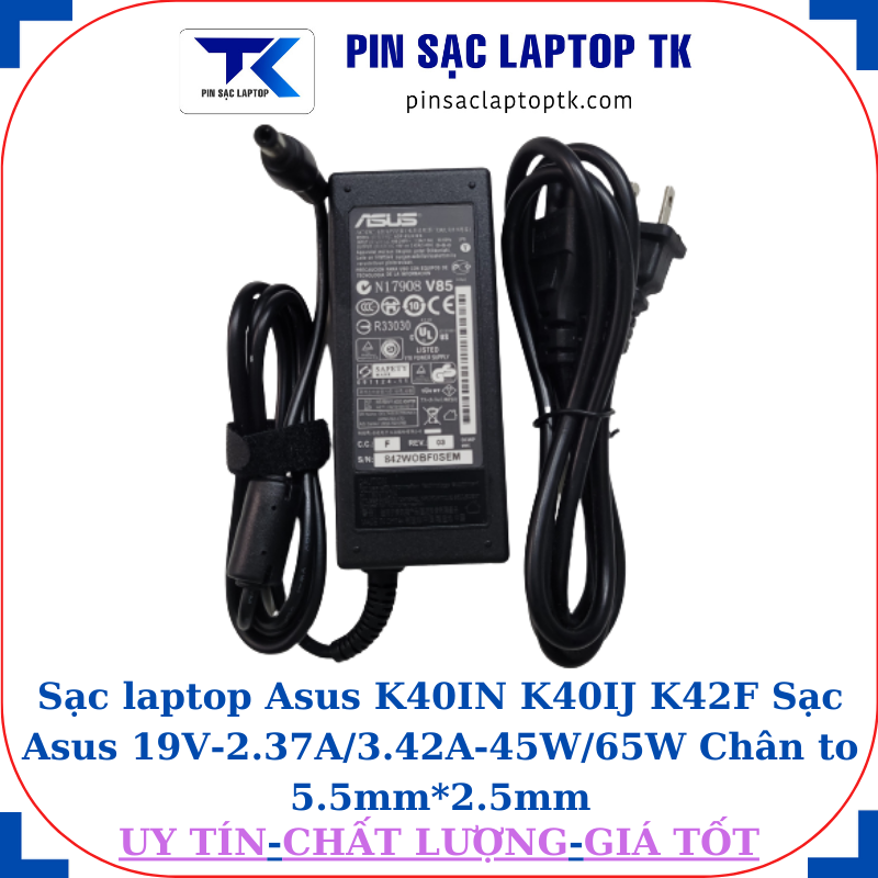 Sạc Asus K40IN K40IJ K42F Sạc Asus 19V-2.37A/3.42A-45W/65W Chân to 5.5mm*2.5mm, 65W chữ nhật