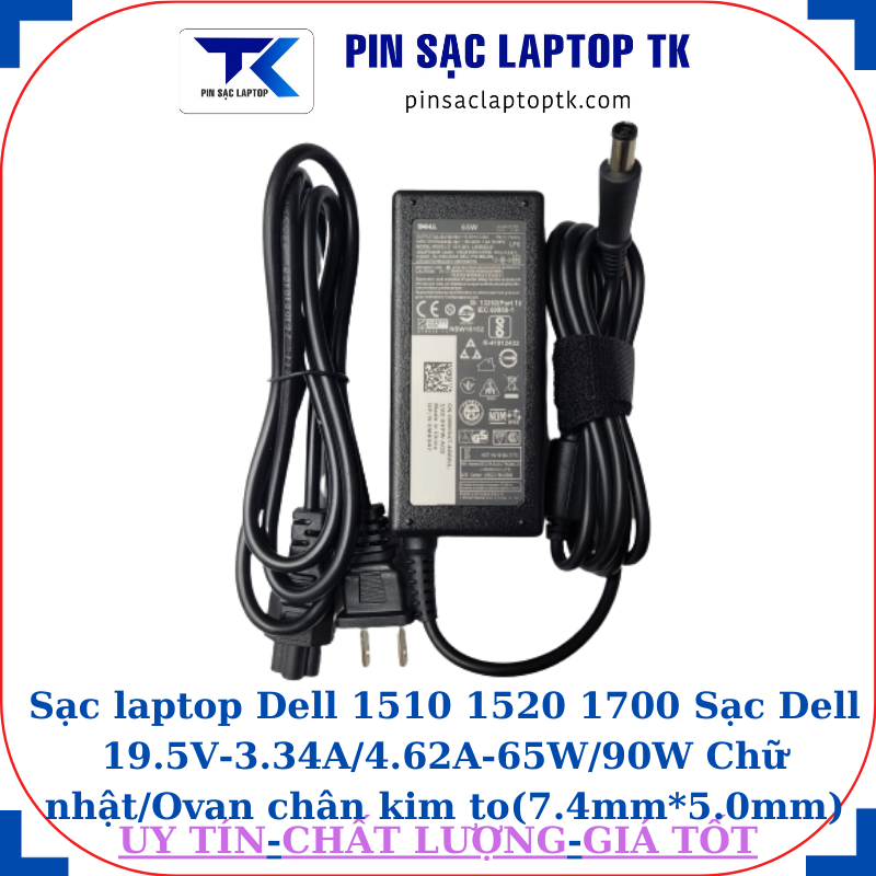 Sạc Dell 1510 1520 1700 Sạc Dell 19.5V-3.34A/4.62A-65W/90W Chữ nhật/Ovan chân kim to(7.4mm*5.0mm), sạc 65W chữ nhật