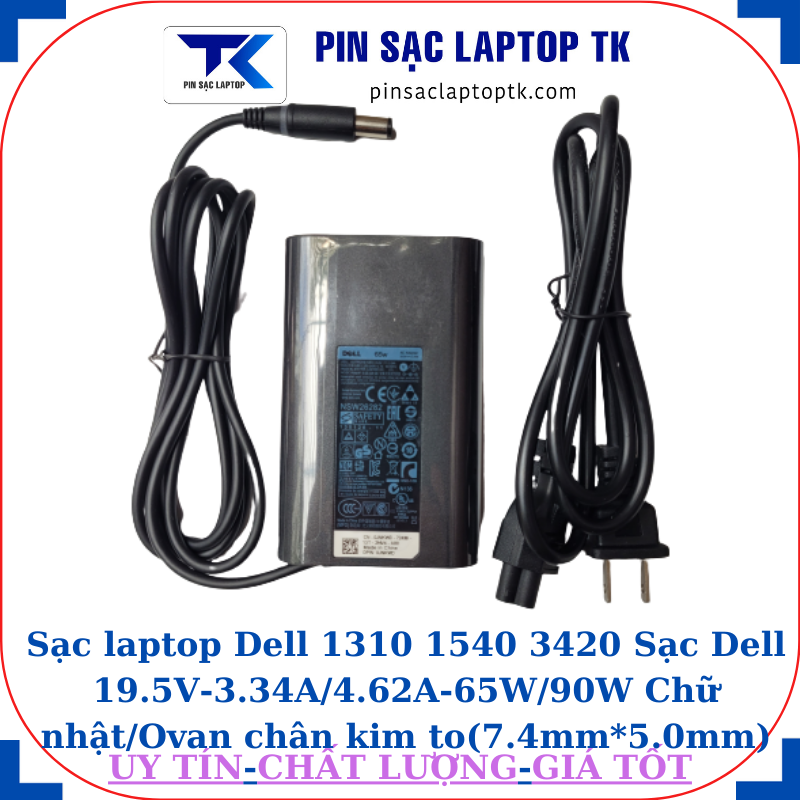 Sạc Dell 1310 1540 3420 Sạc Dell 19.5V-3.34A/4.62A-65W/90W Chữ nhật/Ovan chân kim to(7.4mm*5.0mm), sạc 65W ovan