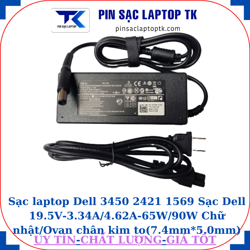 Sạc Dell 3450 2421 1569 Sạc Dell 19.5V-3.34A/4.62A-65W/90W Chữ nhật/Ovan chân kim to(7.4mm*5.0mm), sạc dell 90W chữ nhật