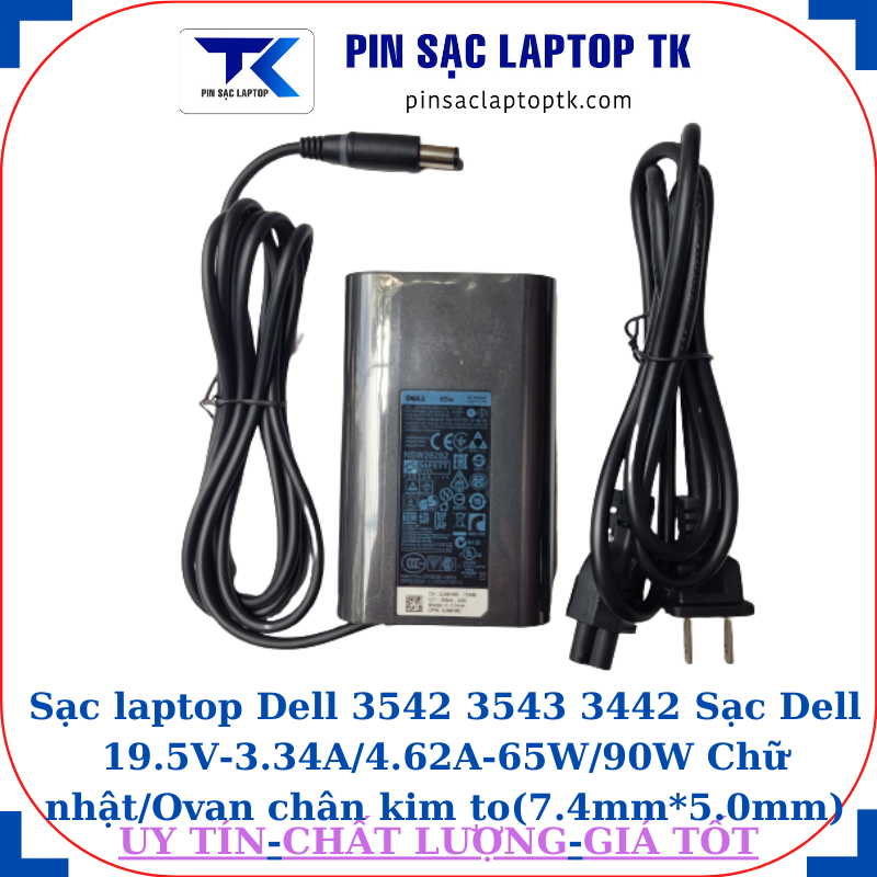 Sạc Dell 3542 3543 3442 Sạc Dell 19.5V-3.34A/4.62A-65W/90W Chữ nhật/Ovan chân kim to(7.4mm*5.0mm), sạc 65W ovan