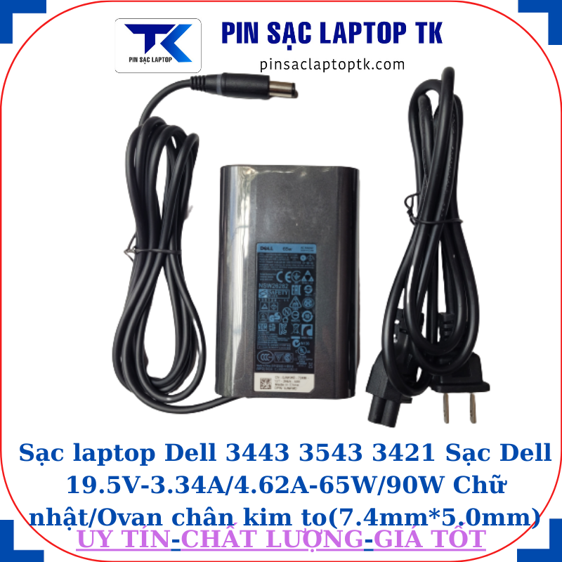 Sạc Dell 3443 3543 3421 Sạc Dell 19.5V-3.34A/4.62A-65W/90W Chữ nhật/Ovan chân kim to(7.4mm*5.0mm), sạc 65W ovan