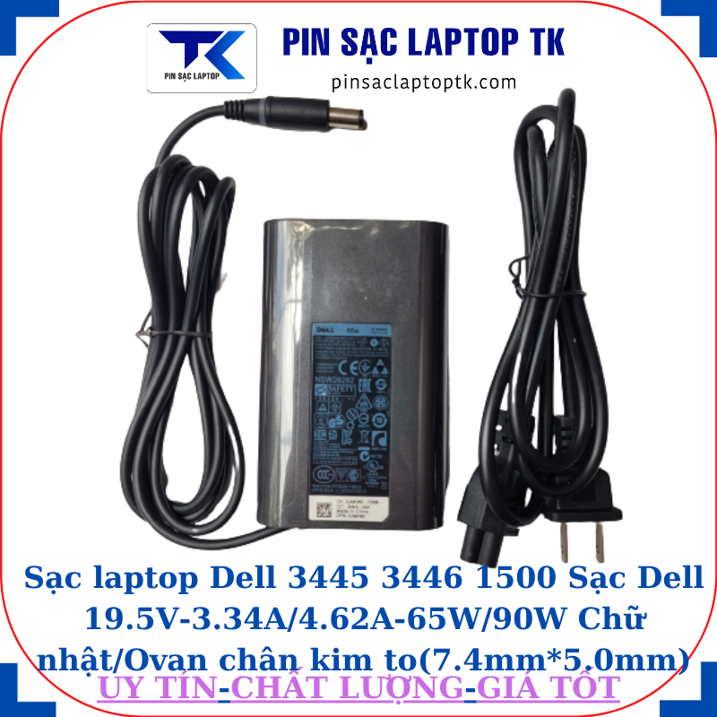 Sạc Dell 3445 3446 1500 Sạc Dell 19.5V-3.34A/4.62A-65W/90W Chữ nhật/Ovan chân kim to(7.4mm*5.0mm), sạc 65W ovan