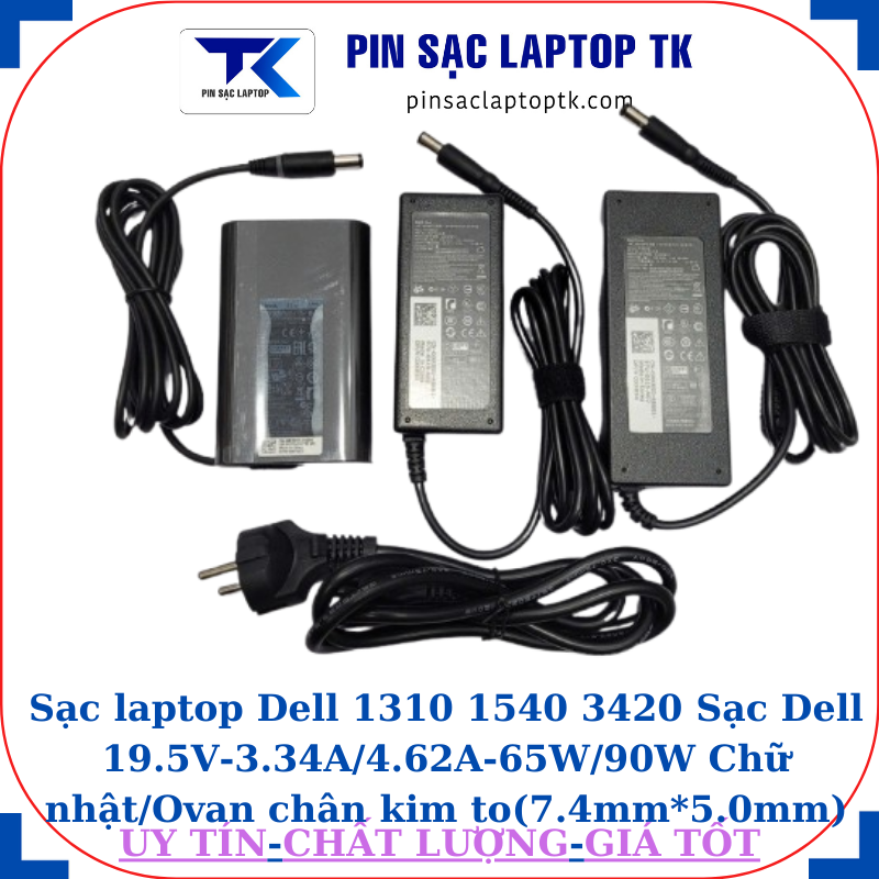Sạc Dell 1310 1540 3420 Sạc Dell 19.5V-3.34A/4.62A-65W/90W Chữ nhật/Ovan chân kim to(7.4mm*5.0mm)
