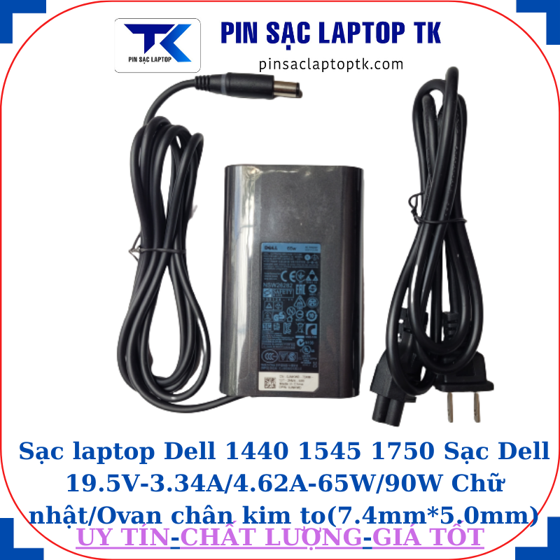 Sạc Dell 1440 1545 1750 Sạc Dell 19.5V-3.34A/4.62A-65W/90W Chữ nhật/Ovan chân kim to(7.4mm*5.0mm), sạc 65W ovan
