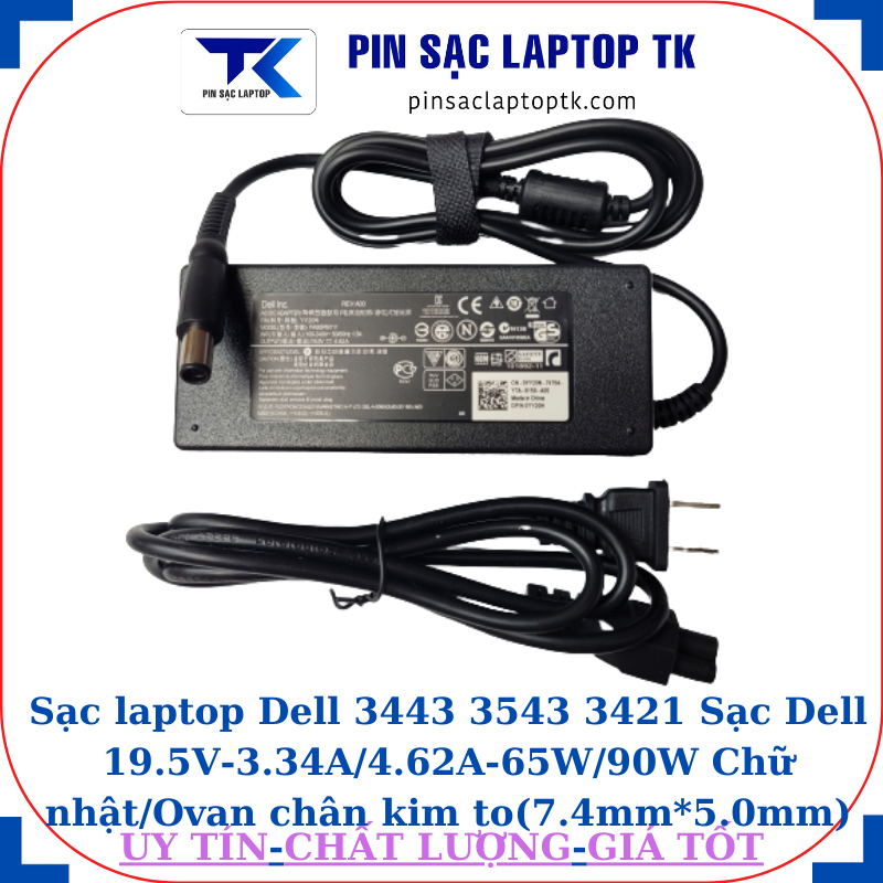 Sạc Dell 3443 3543 3421 Sạc Dell 19.5V-3.34A/4.62A-65W/90W Chữ nhật/Ovan chân kim to(7.4mm*5.0mm), sạc 90W chữ nhật