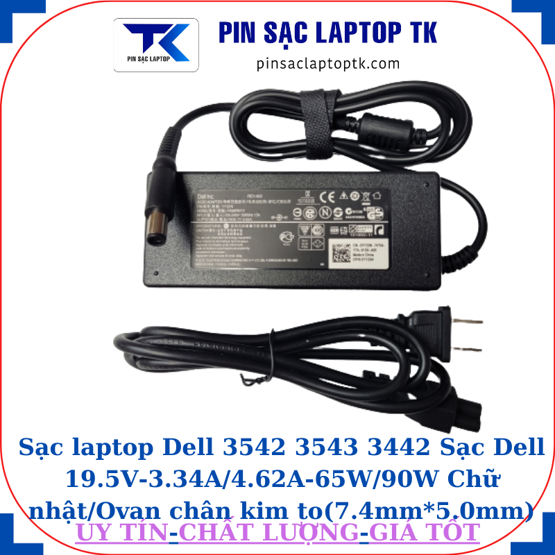 Sạc Dell 3542 3543 3442 Sạc Dell 19.5V-3.34A/4.62A-65W/90W Chữ nhật/Ovan chân kim to(7.4mm*5.0mm), sạc 90W chữ nhật