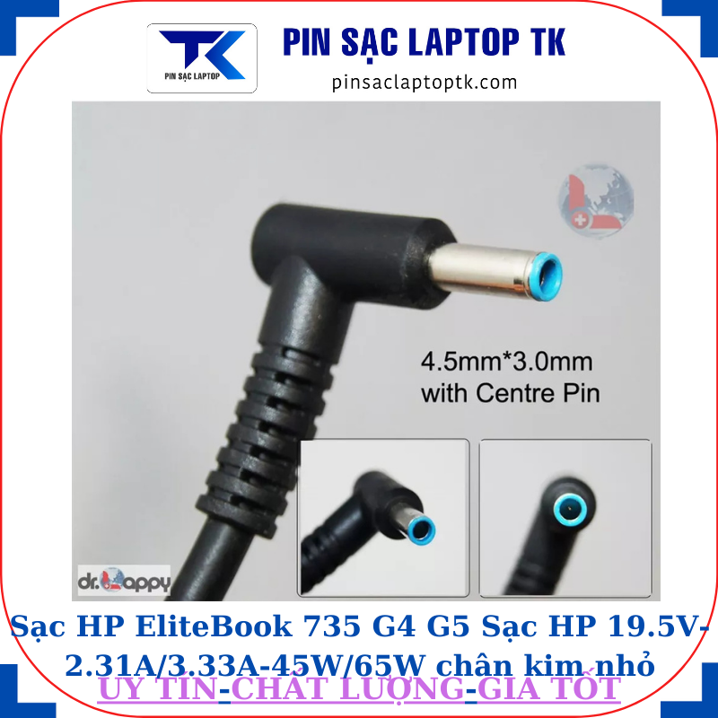 Sạc HP EliteBook 735 G4 G5 Sạc HP 19.5V-2.31A/3.33A-45W/65W chân kim nhỏ màu xanh(4.5mm*3.0mm)