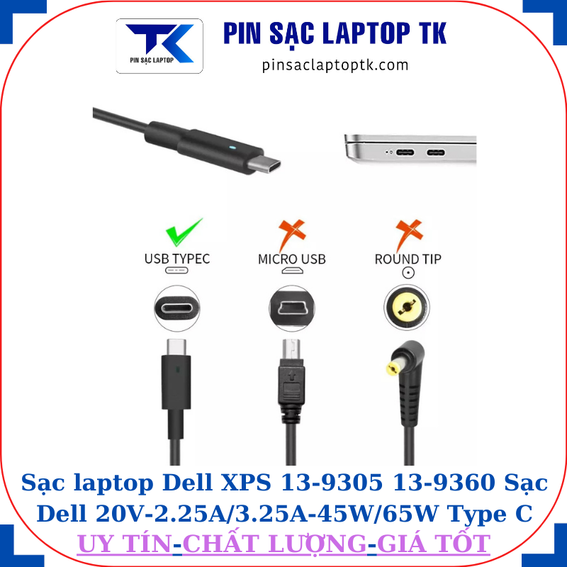 Sạc laptop Dell XPS 13-9305 13-9360 Sạc Dell 20V-2.25A/3.25A-45W/65W Type C