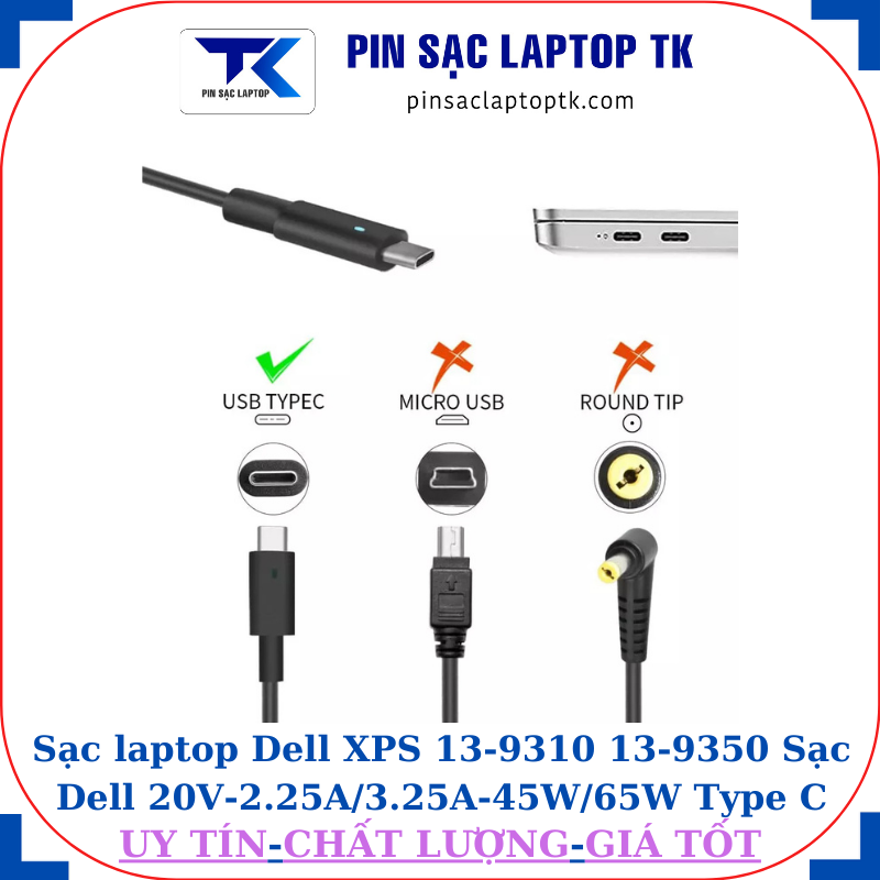 Sạc laptop Dell XPS 13-9310 13-9350 Sạc Dell 20V-2.25A/3.25A-45W/65W Type C