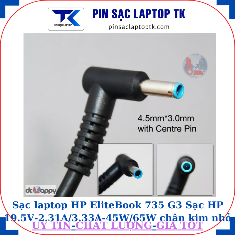 Sạc laptop HP EliteBook 735 G3 Sạc HP 19.5V-2.31A/3.33A-45W/65W chân kim nhỏ màu xanh(4.5mm*3.0mm)