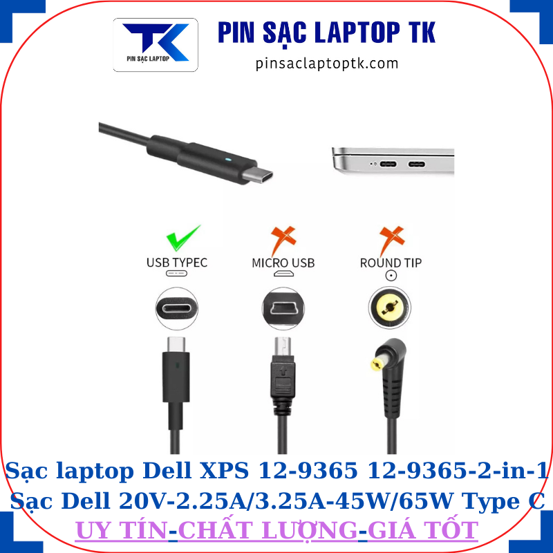 Sạc laptop Dell XPS 12-9360 12-9250 Sạc Dell 20V-2.25A/3.25A-45W/65W Type C