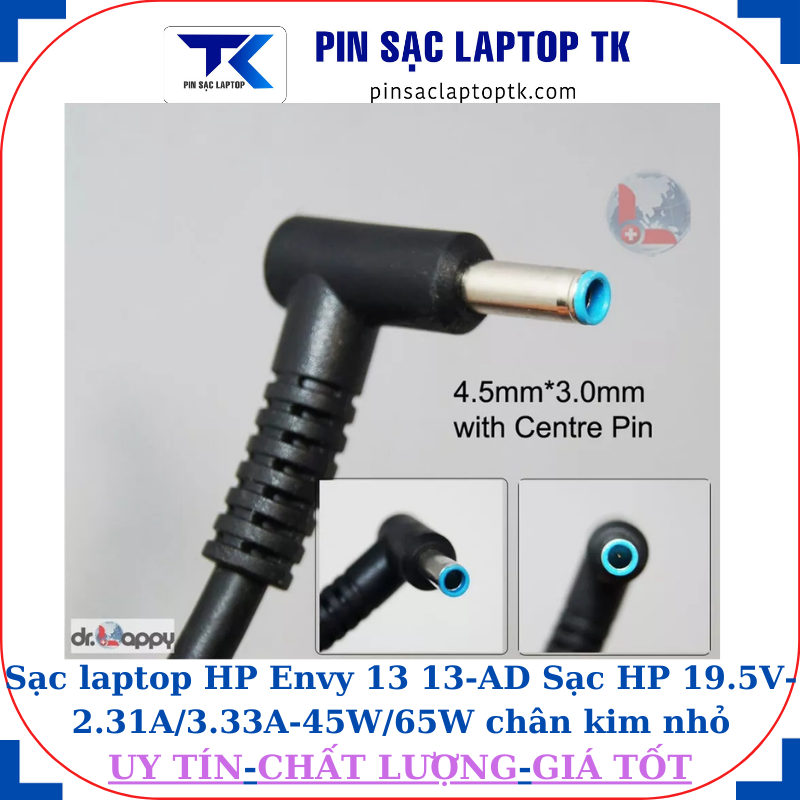 Sạc laptop HP Envy 13 13-AD Sạc HP 19.5V-2.31A/3.33A-45W/65W chân kim nhỏ màu xanh(4.5mm*3.0mm)